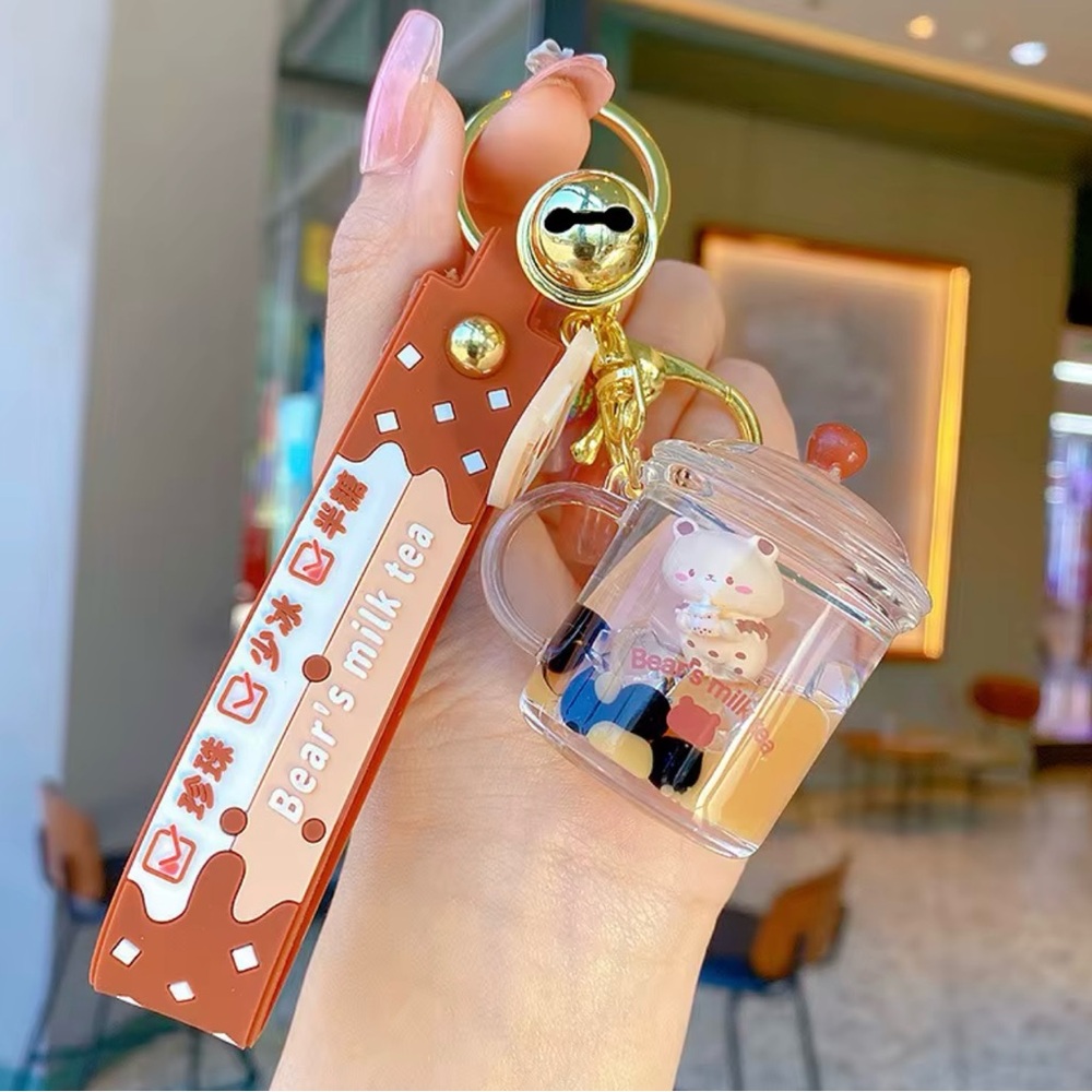 Kawaii Cafe fashion Milk Tea Cup Boba Bear liquid flowing sand hanging keychain